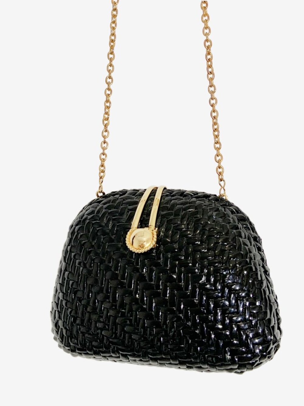 Black Woven Hard Shell Bag with Long Gold Chain Strap